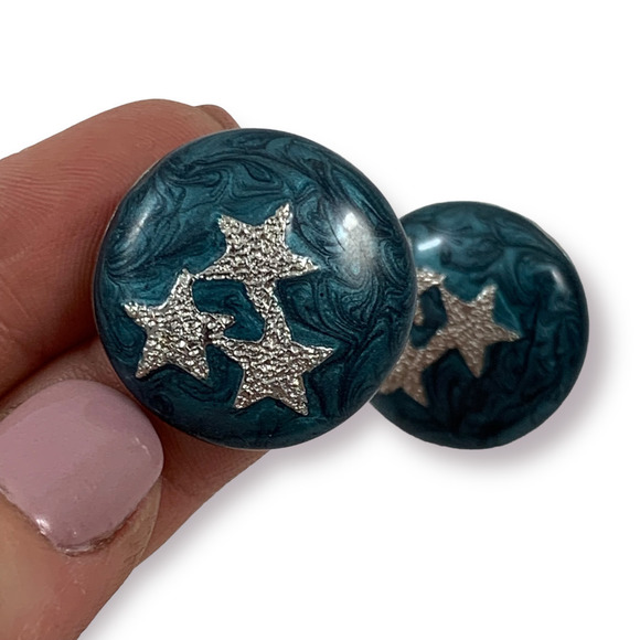 ❌SOLD❌ Vintage blue enamel with silver stars earrings - Picture 3 of 11